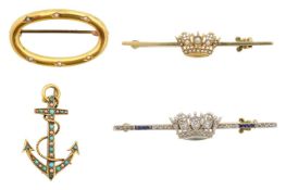A collection of naval brooches with diamonds turquoise and seed pearls,