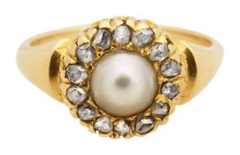An 18ct Edwardian natural pearl and diamond cluster ring