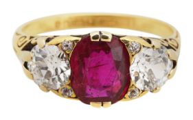 A Burmese ruby and diamond three stone ring