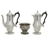 A George V silver coffee pot, hot water jug and sugar basin
