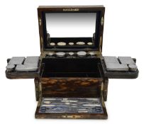 A fine Victorian brass bound coromandel travelling vanity case with silver- topped contents