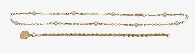 A 9ct gold fancy link pearl necklace and St Christopher bracelet