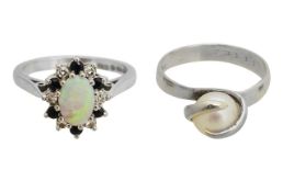 An 18ct opal sapphire and diamond ring and pearl ring
