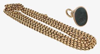 A serpent and bloodstone seal fob with long guard chain