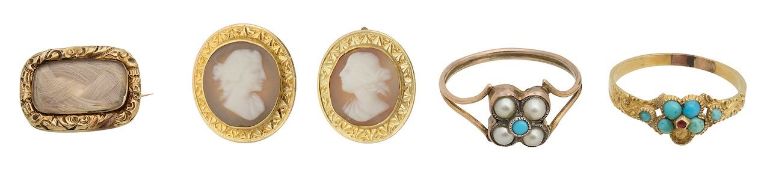 A mourning brooch, two turquoise rings and cameo ear drops