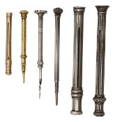 A collection of propelling pencils and pencil holders