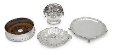 A silver card tray, small rose bowl, leaf dish and a wine coaster (4)