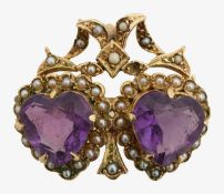 A 9ct double heart amethyst and seed pearl sweetheart brooch