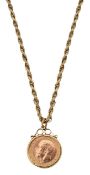 A George V 1913 half sovereign and chain