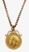 A George V 1914 full sovereign on a belcher chain