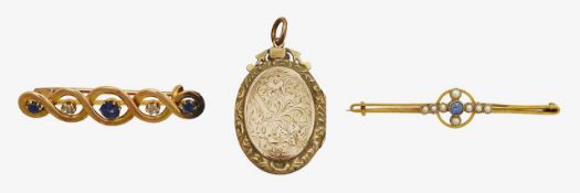 Sapphire & diamond pin, locket, seed pearl pin