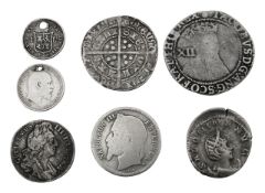 A collection of 7 coins: Roman Empire, United Kingdom, France, Spain.