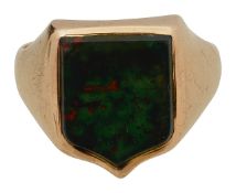 A 9ct rose gold shield ring set with bloodstone