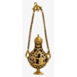 A late 17th century continental pierced silver-gilt caged blue glass scent flask