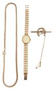 A 9ct gold watch with herringbone necklace and brooch