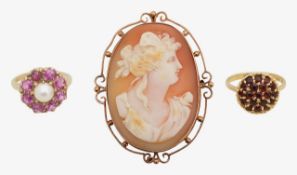A ruby and pearl dress ring cameo brooch and one other,