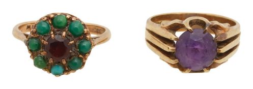 A 9ct amethyst ring and turquoise and garnet cluster ring