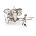 A Chinese white metal cruet set in the form of a man pulling a rickshaw