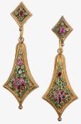 A pair of Continental mid 19th century yellow gold and gem-set ear pendants