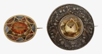 A Scottish Cairngorm, agate brooch and decorative thistle brooch
