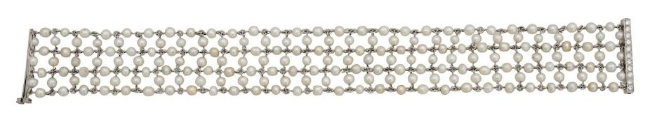 A seed pearl mesh bracelet with diamond-set clasp