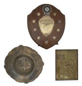 An Art Nouveau style pewter charger, in th emanner of WMF, with two further items (3)