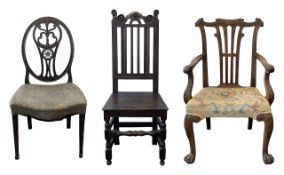 A George III mahogany open armchair, with two other chairs (3)