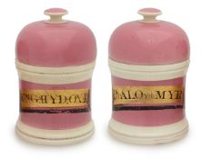 A pair of pottery apothecary jars and covers