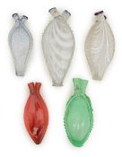 A group of five Nailsea glass double gimmel flasks