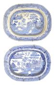 Two large 'Warranted Staffordshire' Willow pattern transfer printed meat dishes,