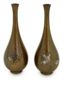 A pair of Japanese bronze and mixed metal vases