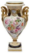 An English porcelain twin handled baluster vase,