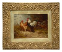 E.S. England (fl. 1890-1910) 'Chickens in a farmyard barn'