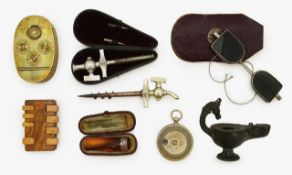 A George III brass combination lock snuff box, with seven other items