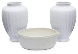 A Staffordshire pottery creamware footbath and a pair of Italian vases