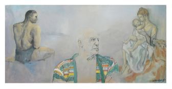 James B. Nicholson (British, Contemporary) Portrait of Pablo Picasso with other figures