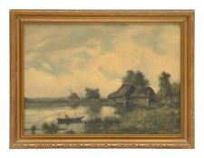 Attrib.. J.P.S. Streatfeild (British, 1879-1915) English landscape with fisherman in a rowing boat