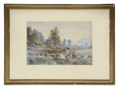 Richard Wane (British, 1852-1904) Figures by a river