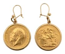 A pair of George V 1912 gold full sovereigns, in drop earring mounts