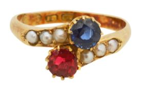 An 18ct sapphire and pearl and red stone