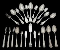 A collection of George III and later silver teaspoons and forks