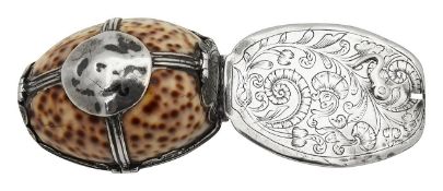 A silver mounted cowrie shell snuffbox