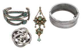 A silver love knot brooch, a Navajo turquoise mounted silver cuff and others