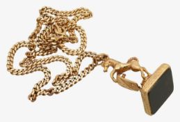 A 9ct hard stone fob seal with shield and unicorn pendant