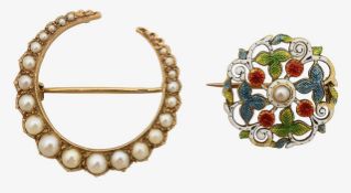 Seed pearl crescent/enamel brooch
