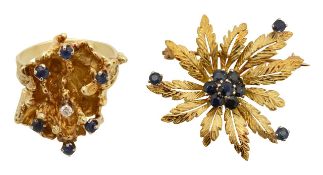A 1970's diamond and sapphire cocktail ring and floral pin brooch