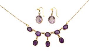 A 9ct Edwardian style amethyst necklace and ear pendant set