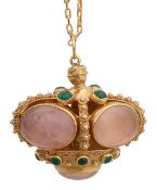 A gold and cabochon rose quartz pendant on chain
