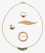 An emerald and diamond necklace, two brooches and two more