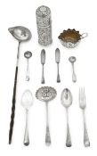 A Victorian silver sifter, cream jug, and a group of George III and later flatware